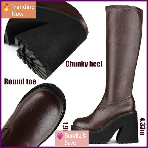 Knee High Platform Chunky Heel Combat Boots, Elastic Leather, Zipper & Lace - Picture 6 of 7